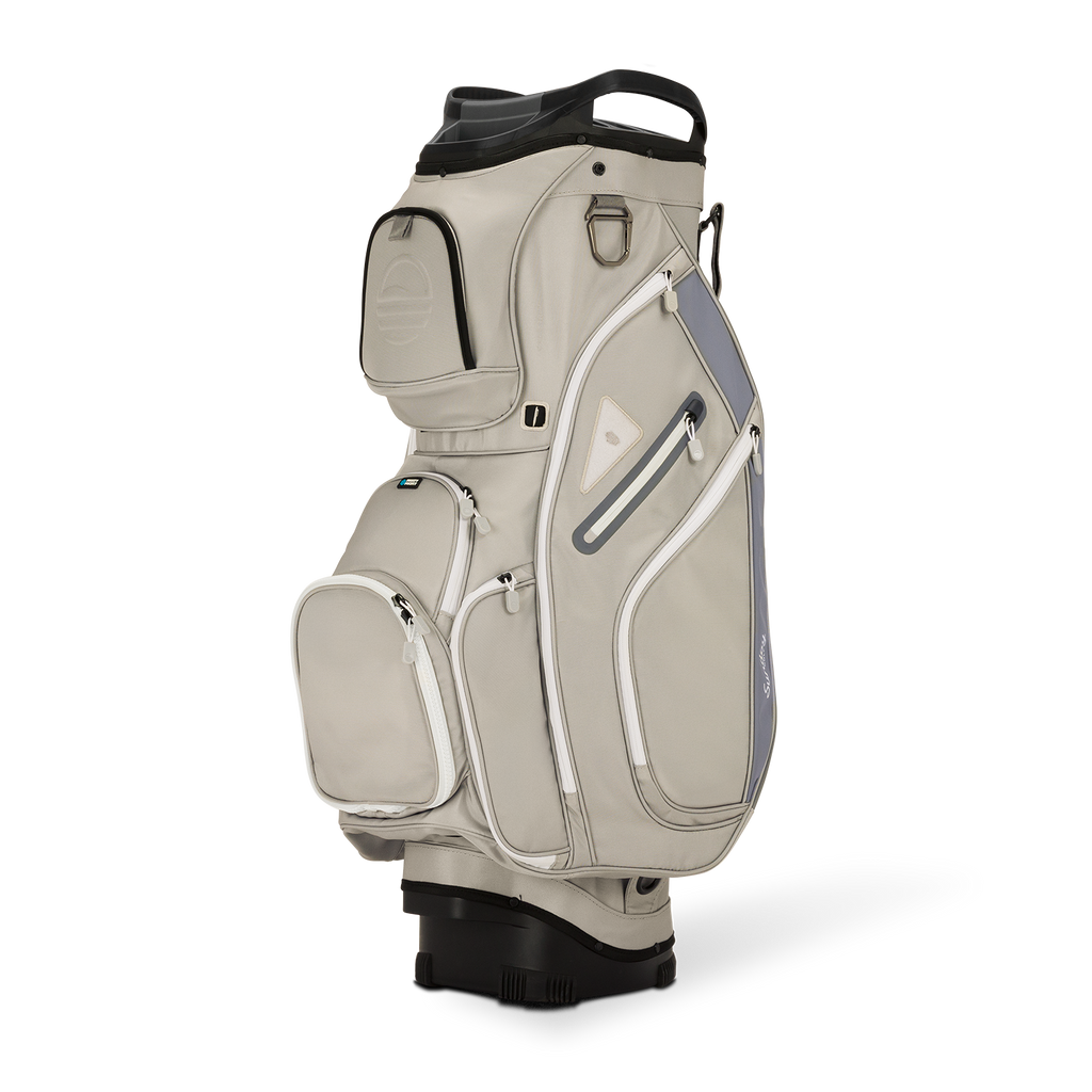 Front shot of Big Rig golf bag in Cool Gray showing the pockets and some of its features