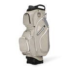 Front shot of Big Rig golf bag in Cool Gray showing the pockets and some of its features