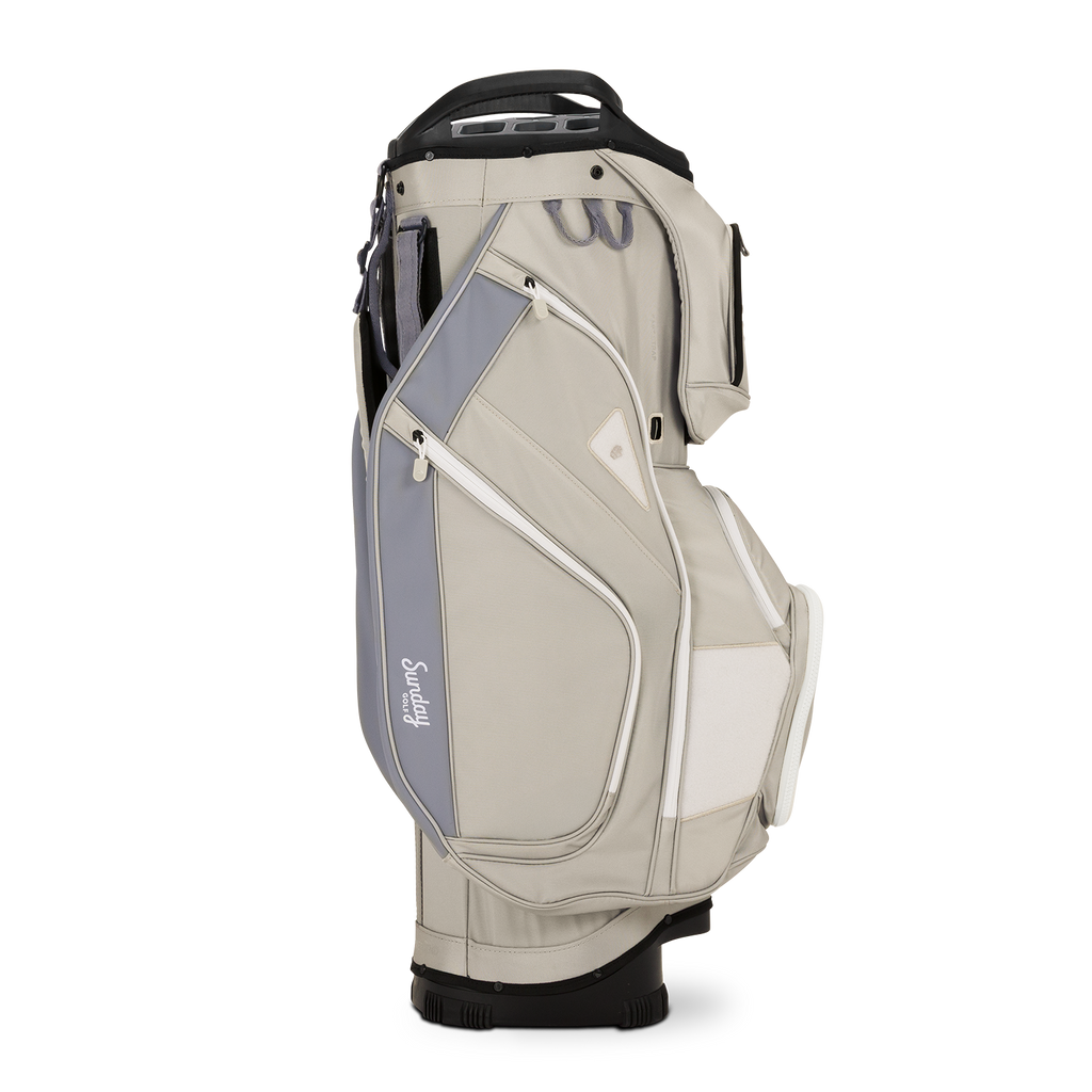 Side shot of Big Rig golf bag in Cool Gray showing the glove holder, easy access pockets and other features of the bag
