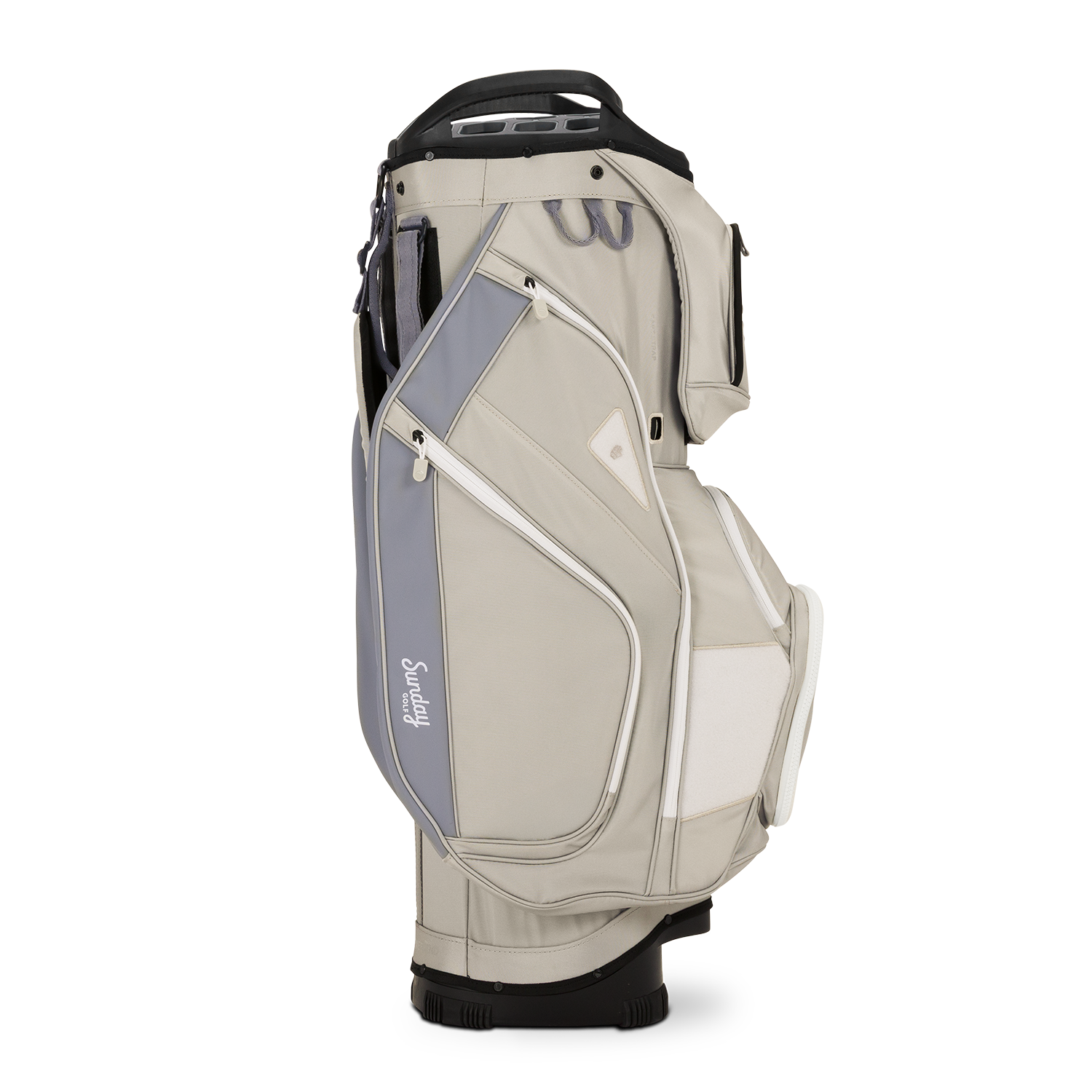 Side shot of Big Rig golf bag in Cool Gray showing the glove holder, easy access pockets and other features of the bag
