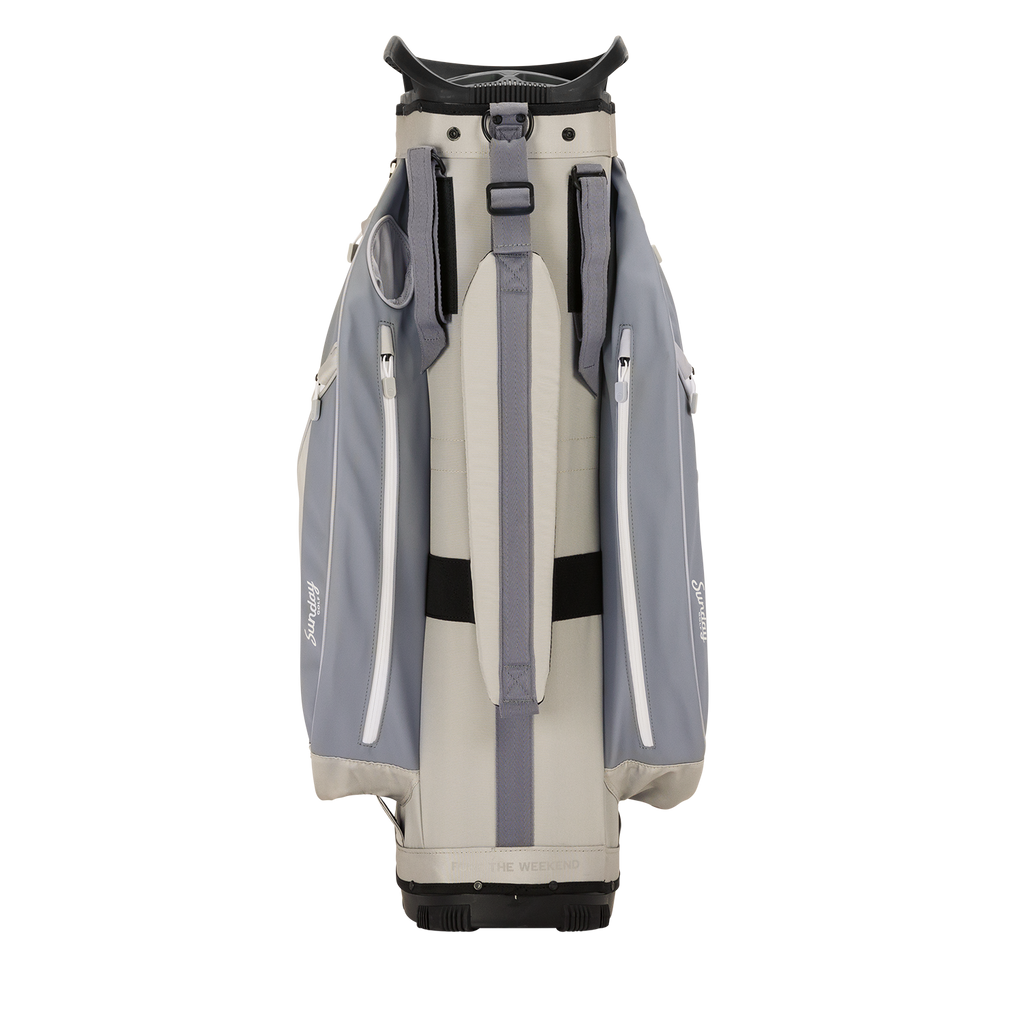 Back shot of Big Rig golf bag in Cool Gray showing the strap of the band
