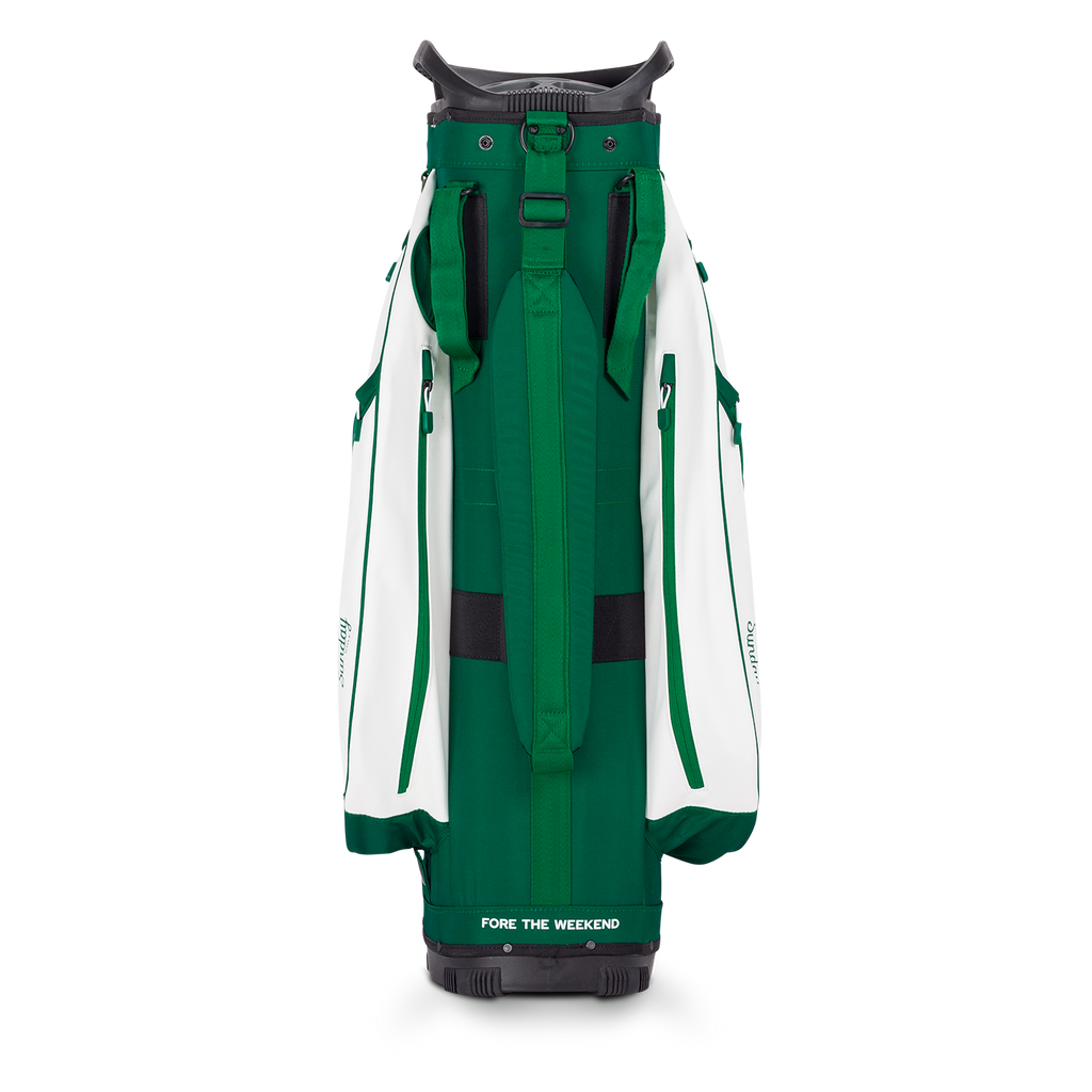 Back shot of Big Rig golf bag in evergreen showing the strap of the band
