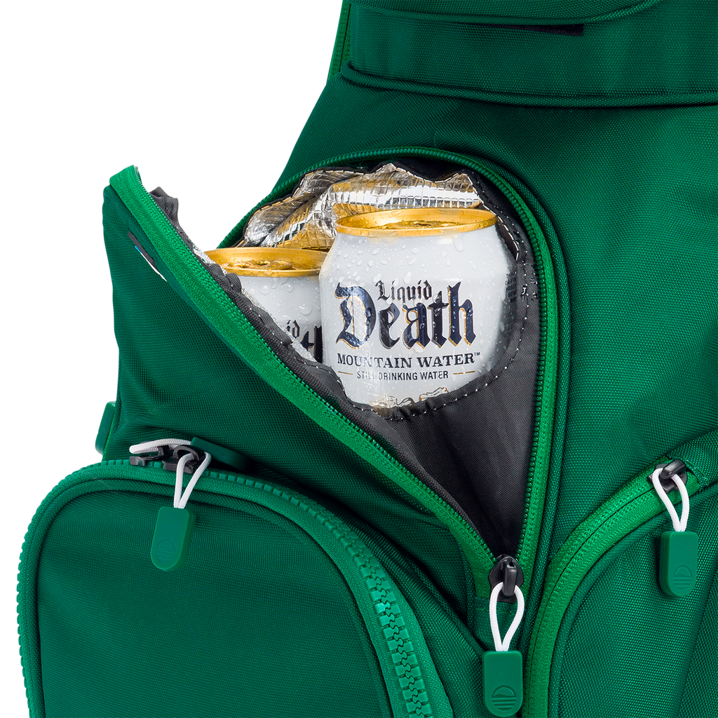 A close up shot of evergreen Big Rig golf bag's frosty pocket with canned drinks inside

