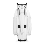 Back shot of Big Rig S-Class golf bag in white vegan leather showing the strap of the bag