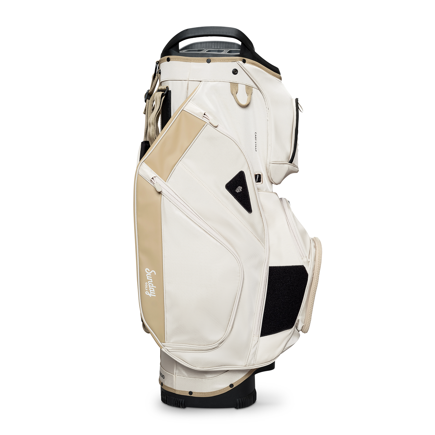 Side shot of Big Rig golf bag in toasted almond showing the glove holder, easy access pockets and other features of the bag