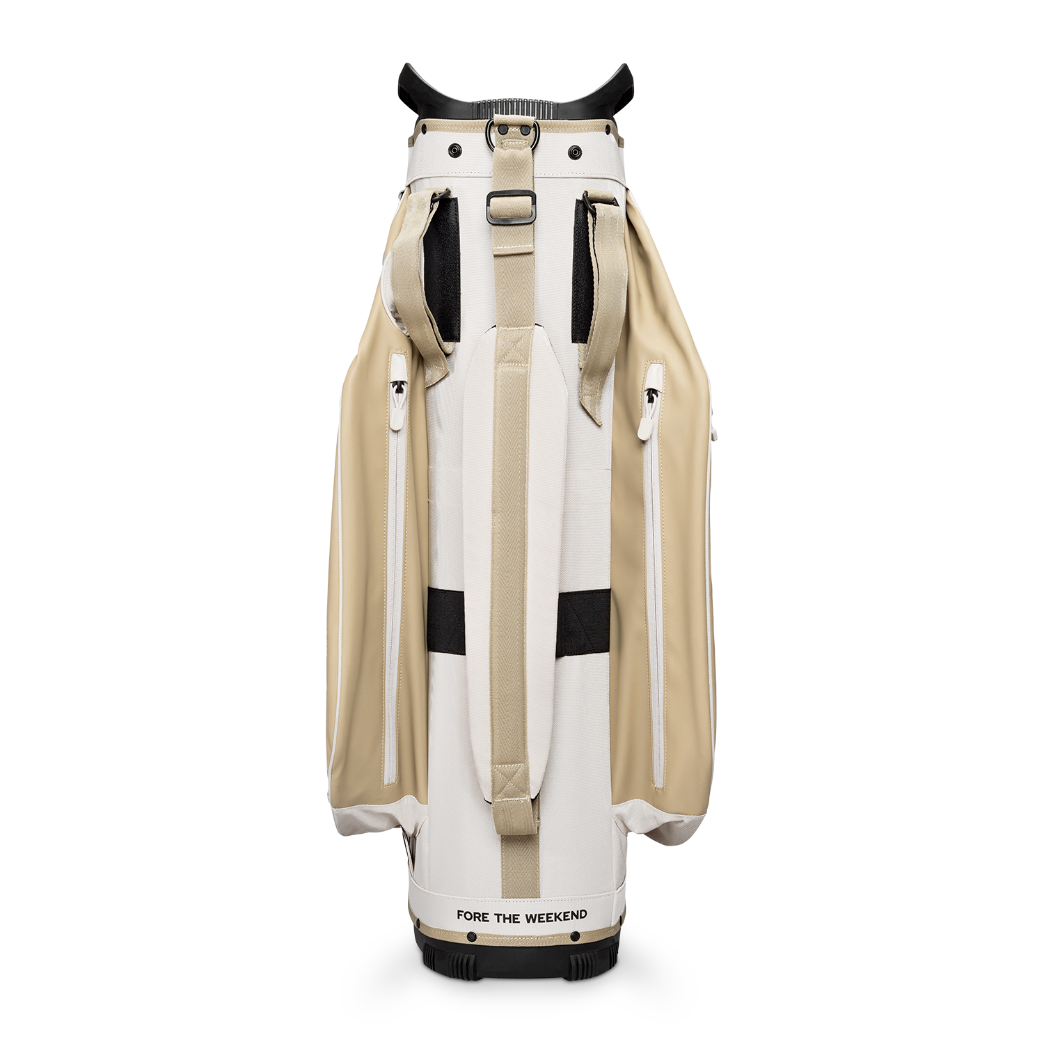 Back shot of Big Rig golf bag in toasted almond showing the strap of the band