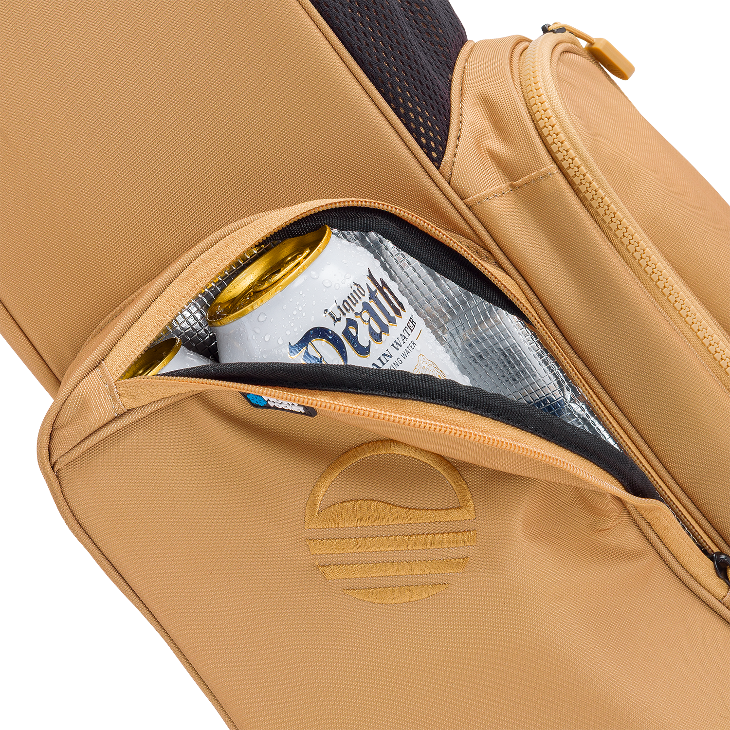 Detailed shot of Clay bag's pocket with a can of 'Liquid Death' inside, featuring a brand logo