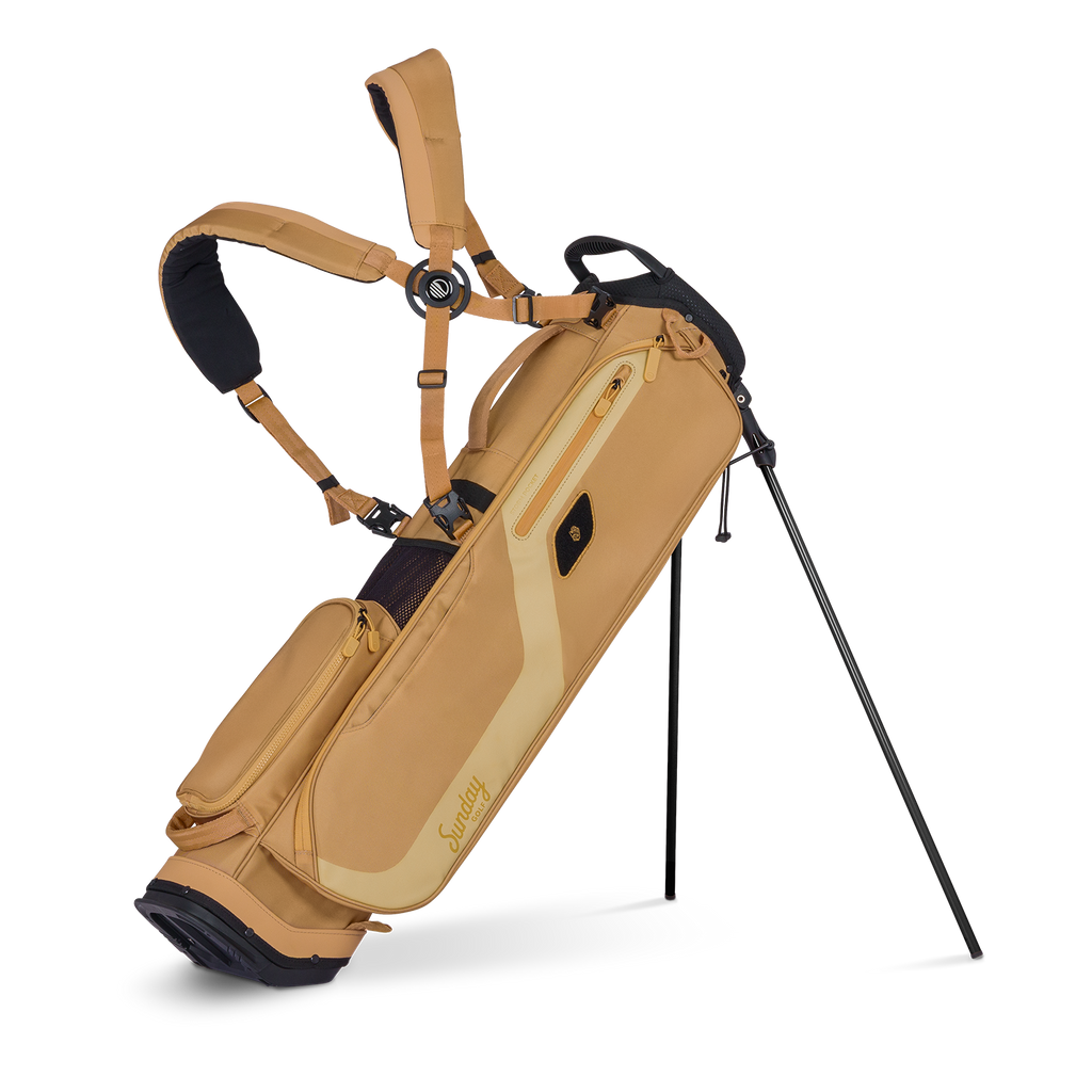 Clay golf bag with black stand on a white background