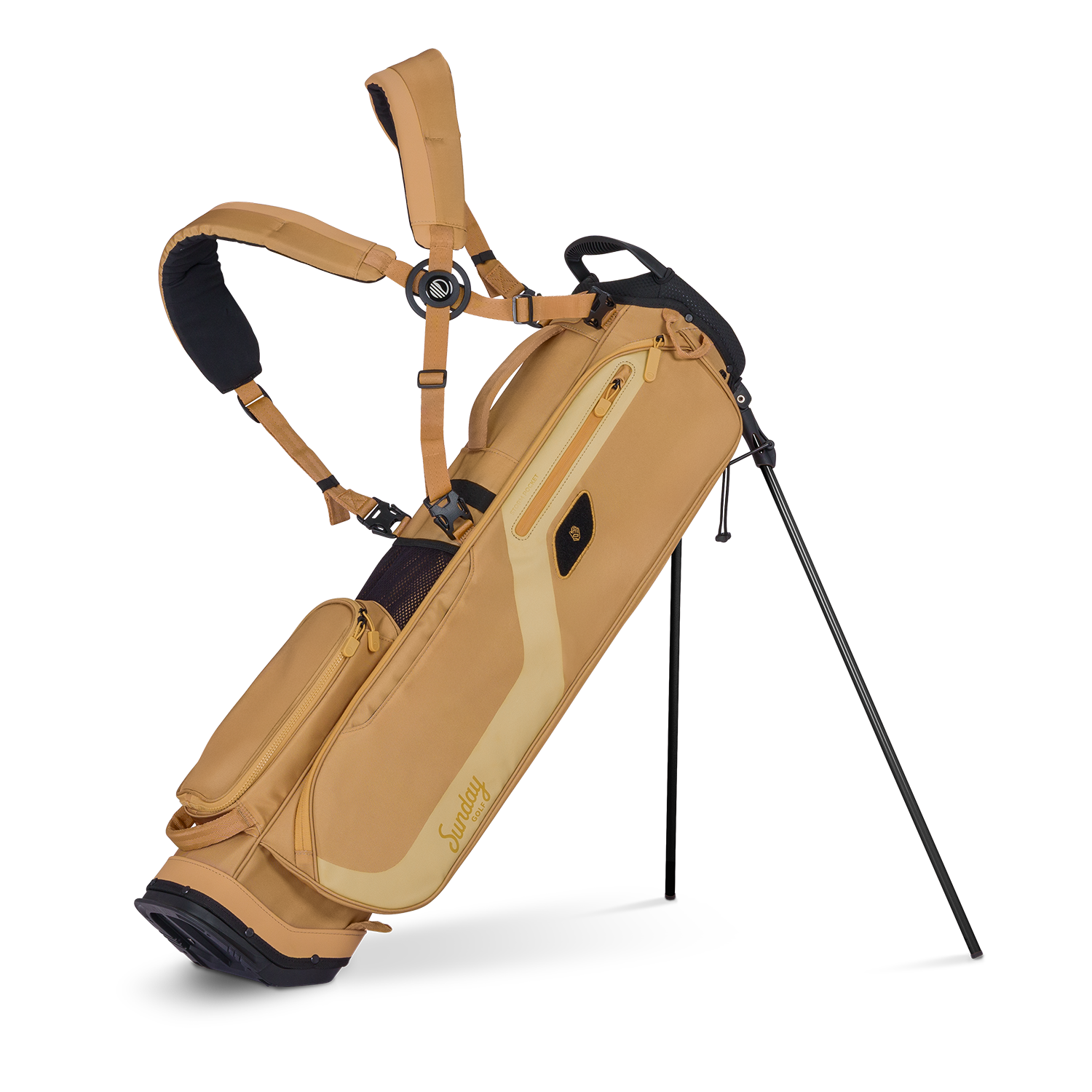 Clay golf bag with black stand on a white background