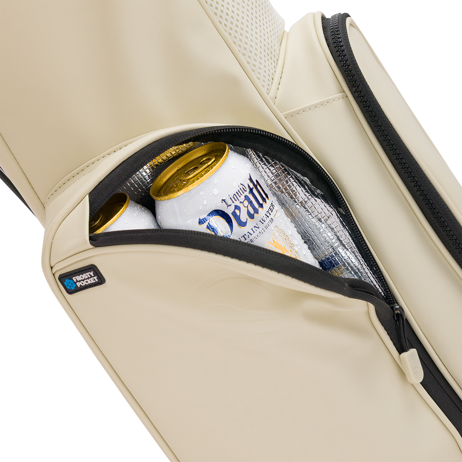 A close up shot of Cream El Camino S-class golf bag's insulated pocket with a canned drink inside
