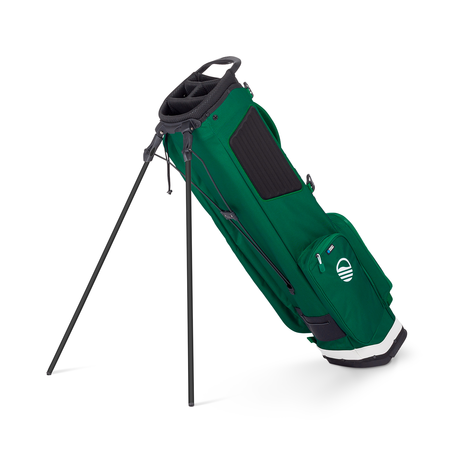 Green golf bag with a white logo on a white background