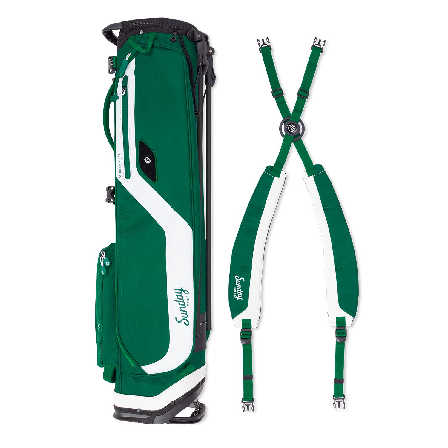 Green and white golf bag with strap on a white background