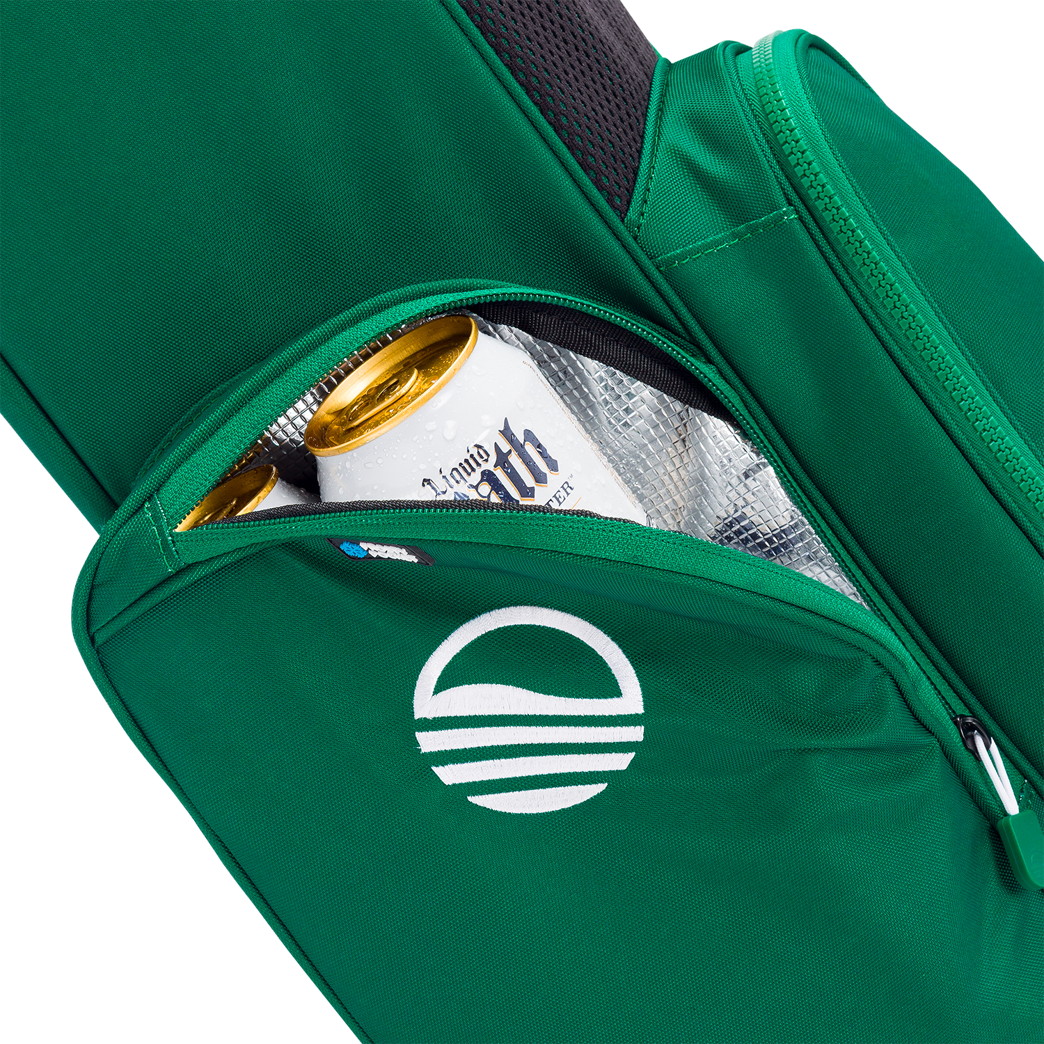 Green bag with a logo, containing a newspaper and a can, on a white background