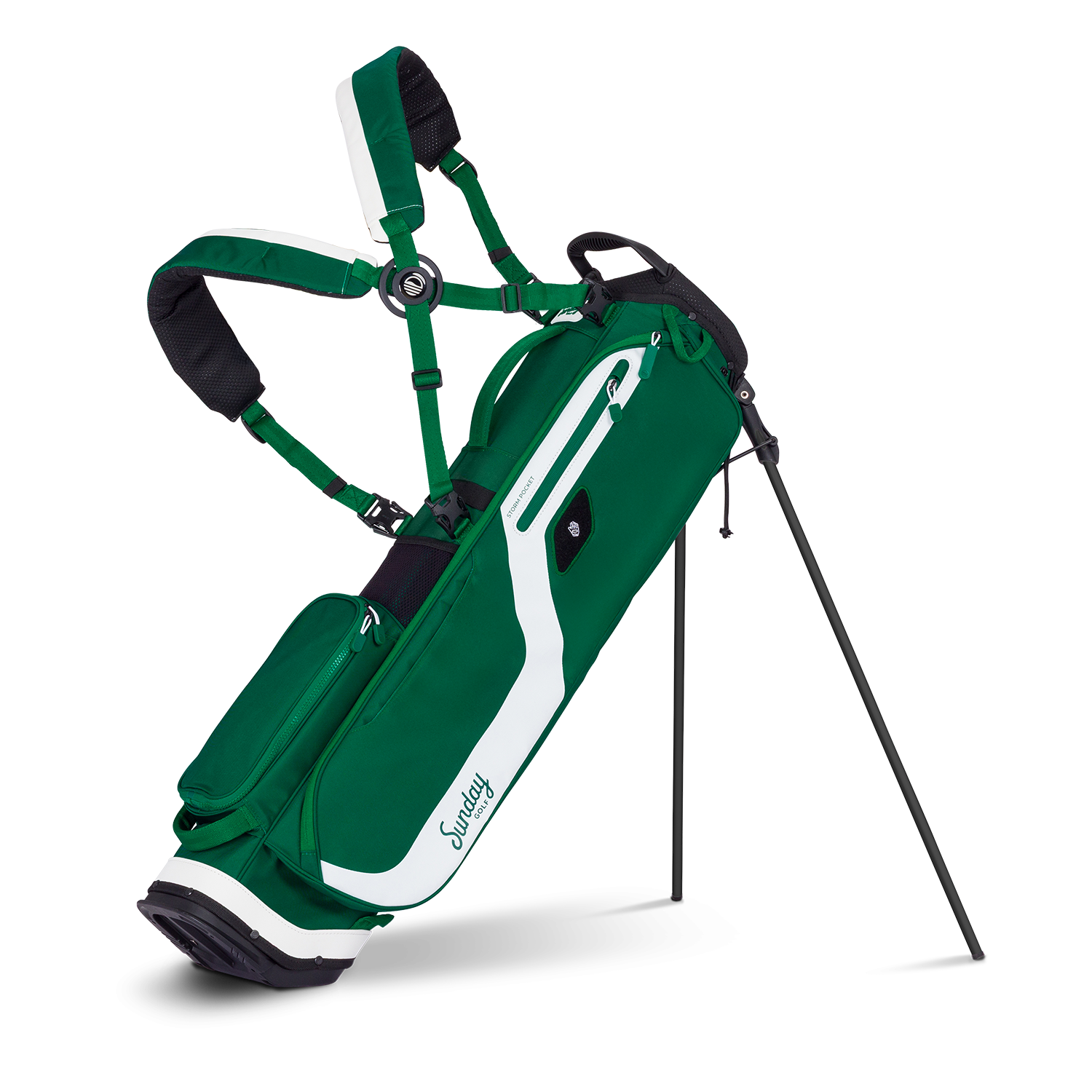 Green golf bag with white accents on a white background