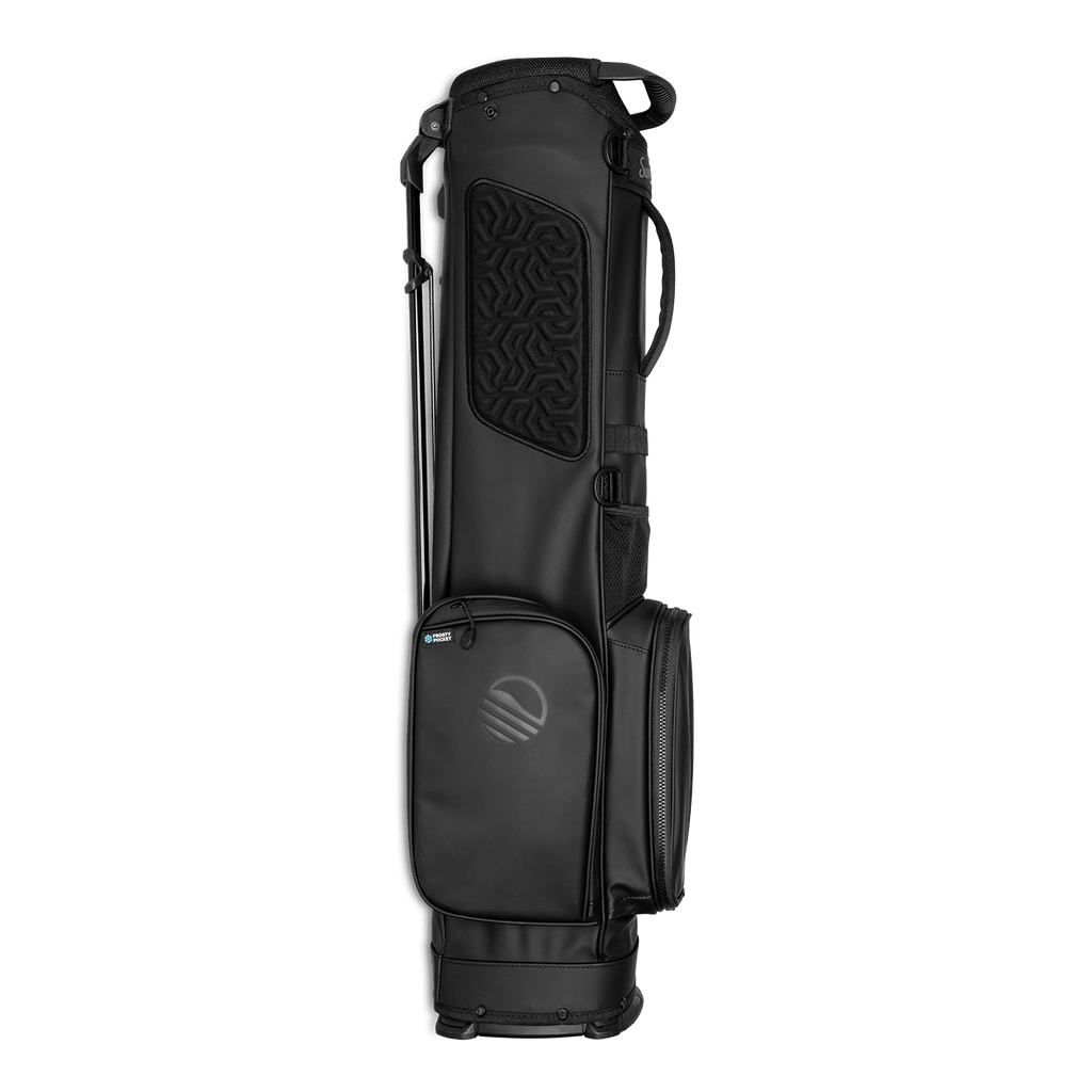 Side view of the hip panel on El Camino S-Class golf bag in black vegan leather material