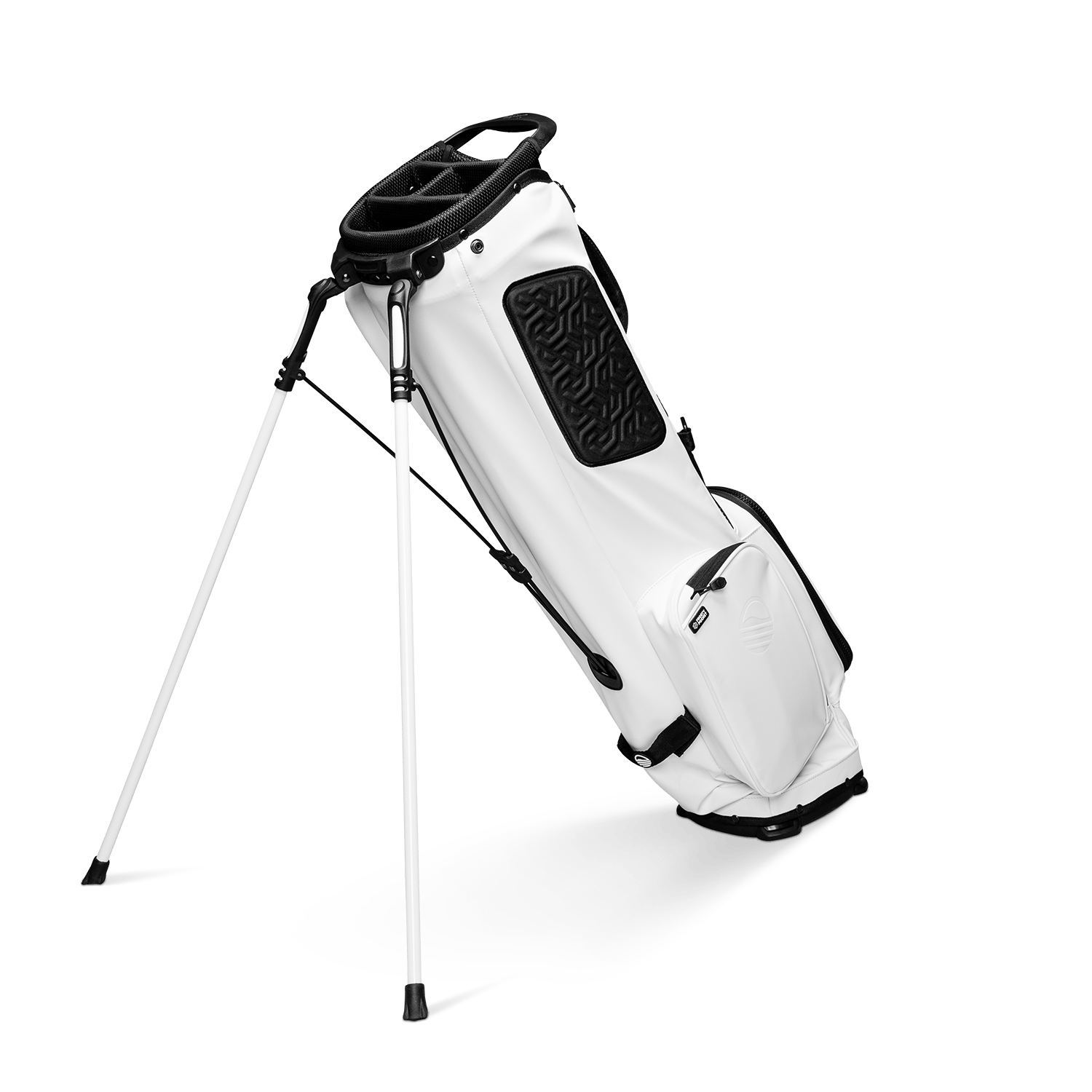 A full shot of standing El Camino S-Class golf bag in vegan white leather facing backward