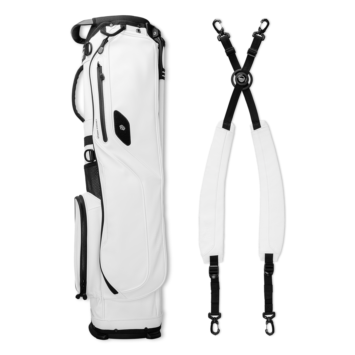 El Camino S-Class golf bag in white vegan leather laying sideways flat beside a double strap
