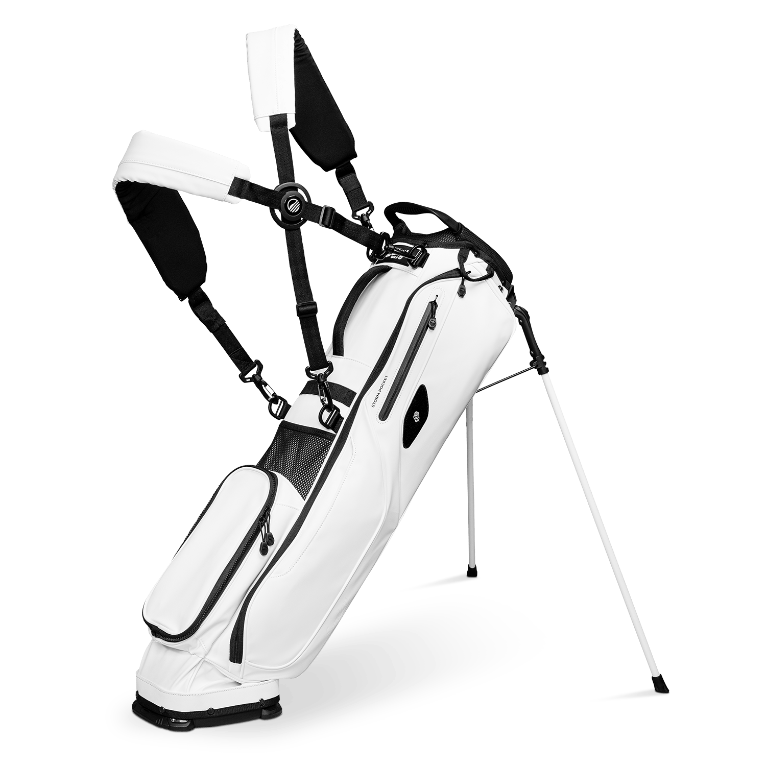 A full shot of standing El Camino S-Class golf bag in white vegan leather with floating double straps