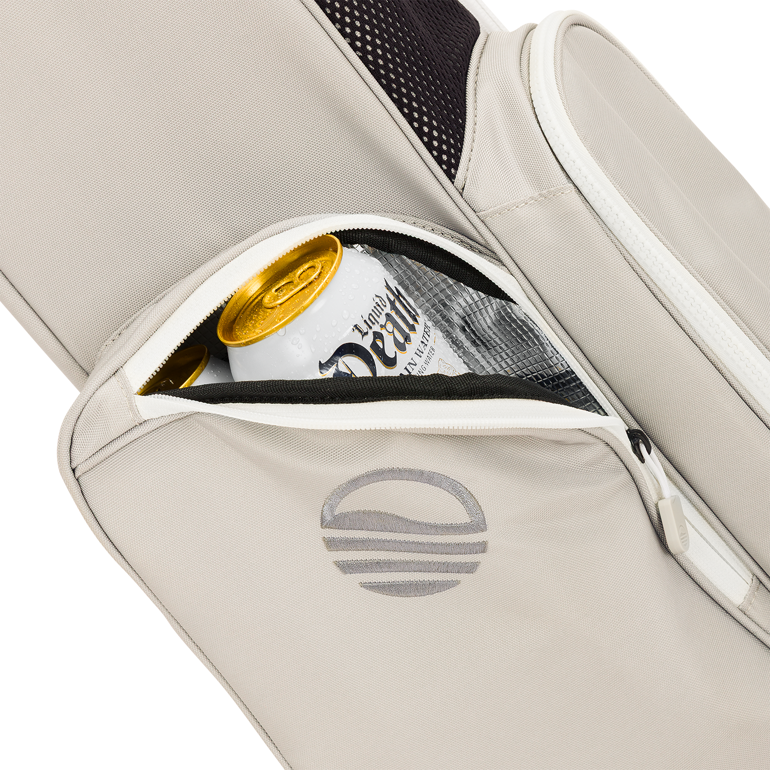A close up shot of Cool Gray El Camino golf bag's insulated pocket with a canned drink inside
