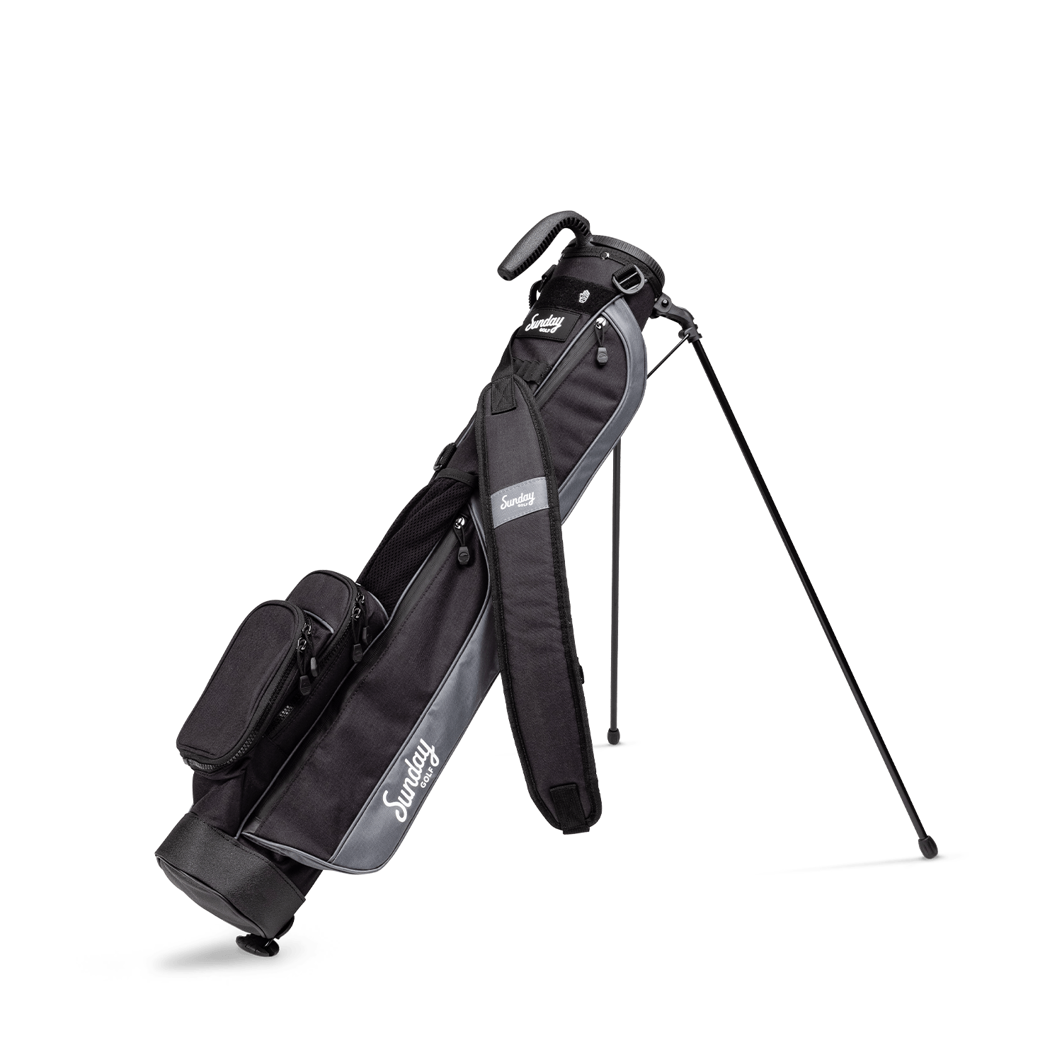 A full front shot of standing Loma golf bag in matte black with single strap