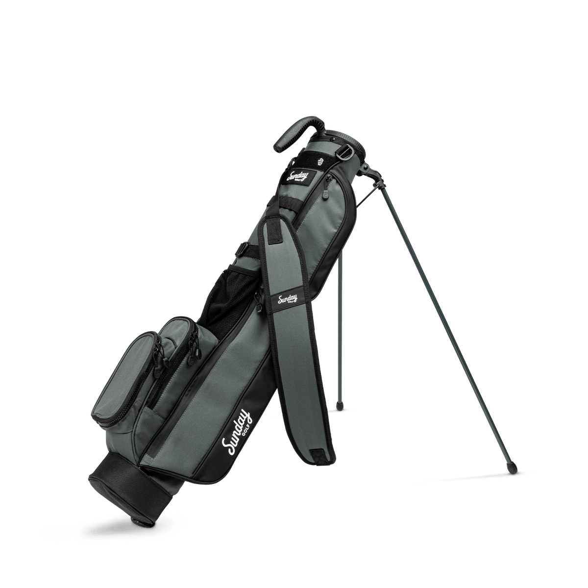 A full front shot of standing Loma golf bag in midnight green with single strap