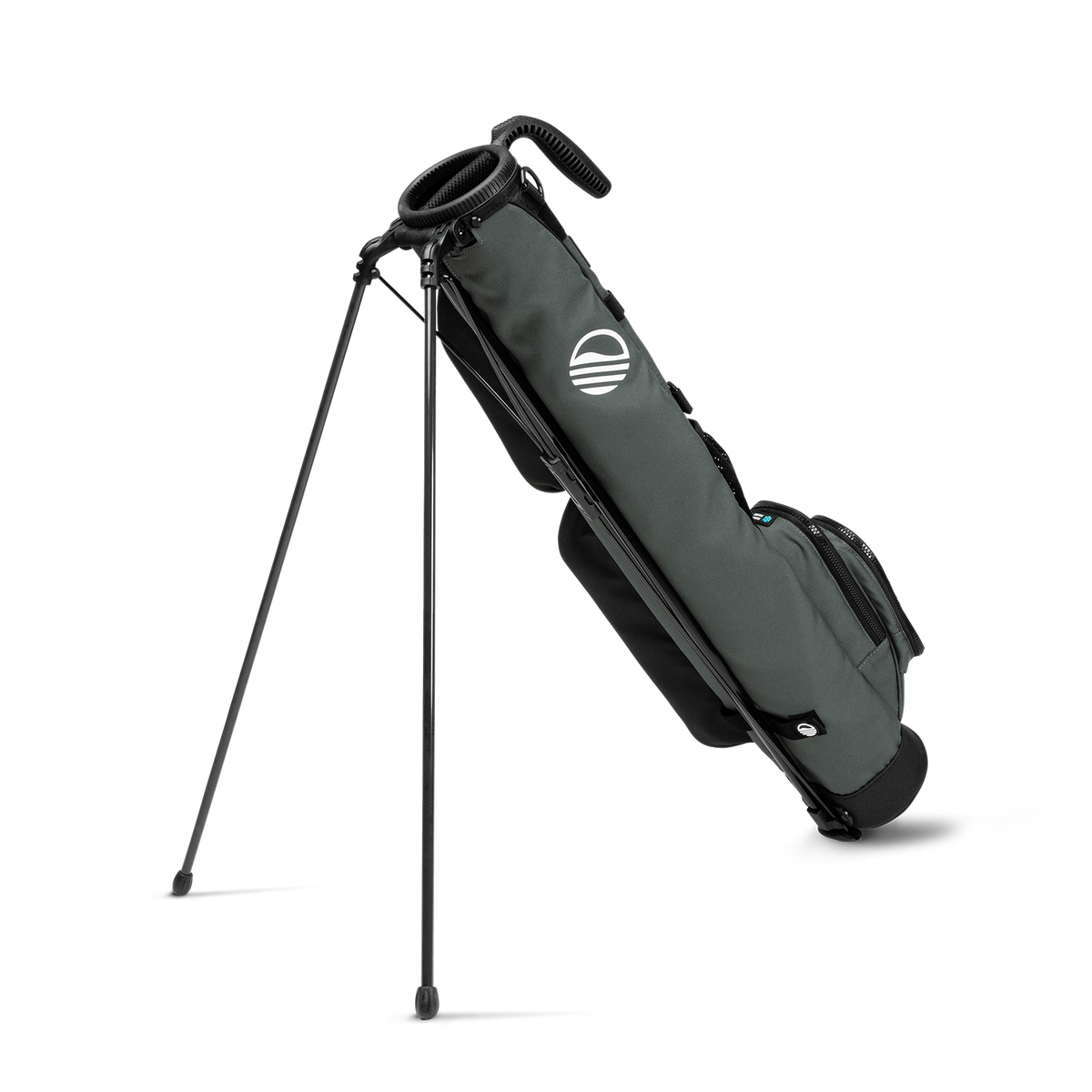 A full shot of standing Loma golf bag in midnight green facing backward