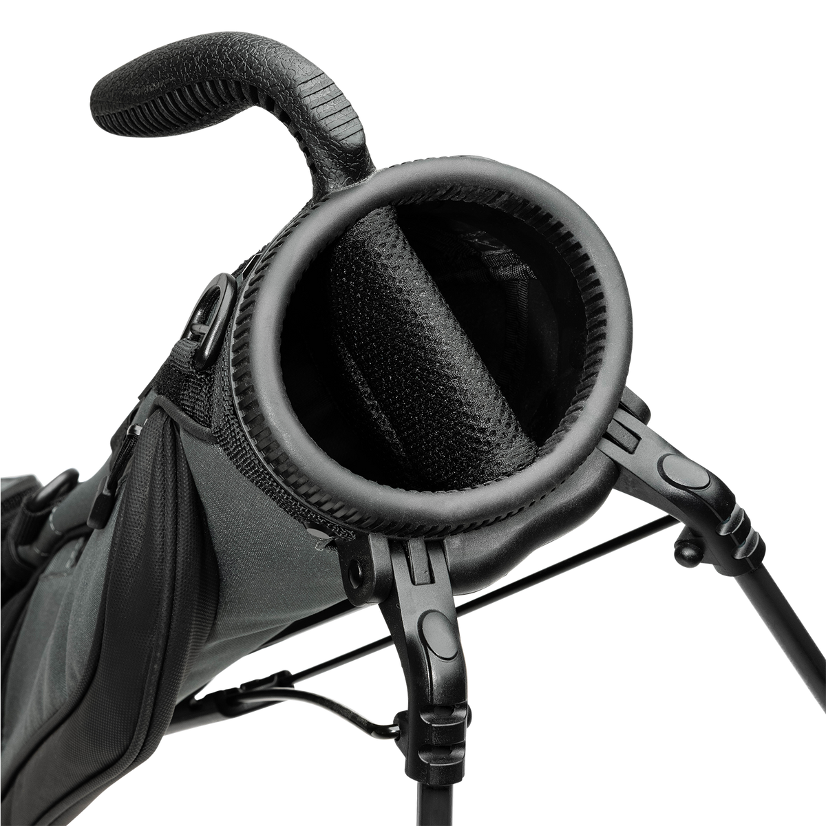 A close up top view of a midnight green Loma golf bag’s 2-way divider
