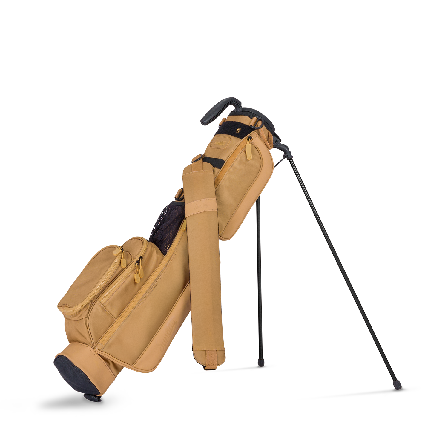 Tan golf bag with a black golf club on a white background