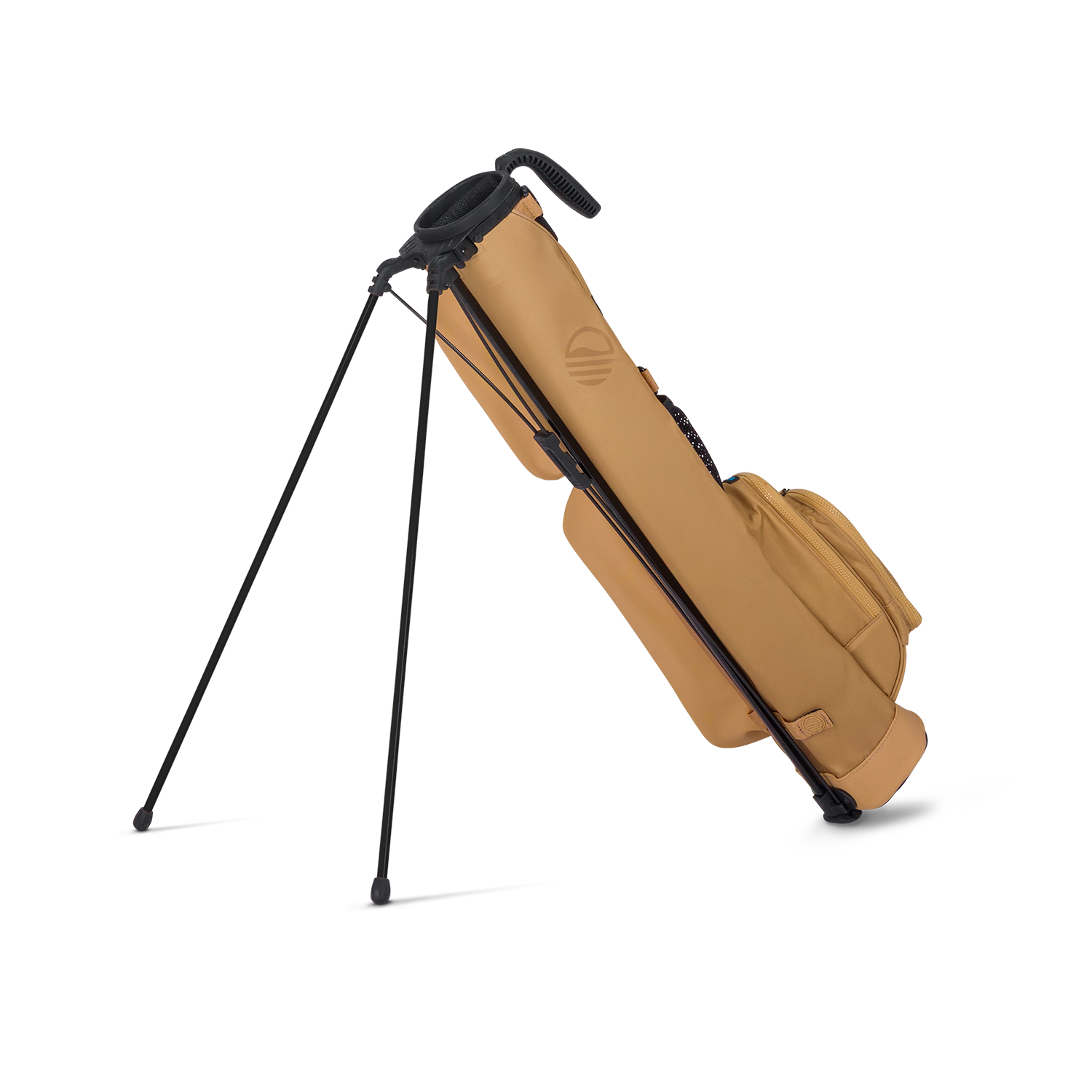 Tan golf bag with black stand on a white background