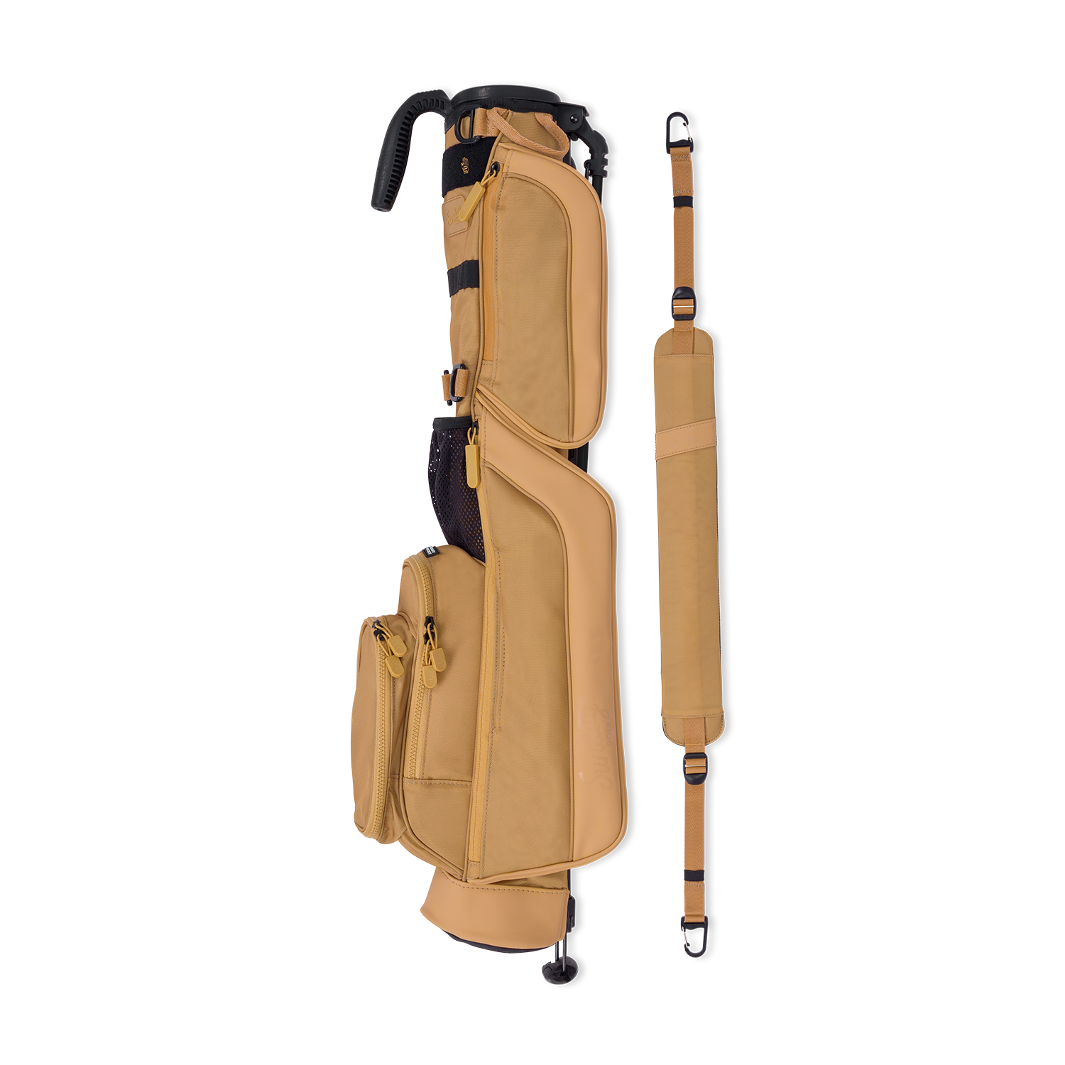 Beige golf bag with a strap on a white background
