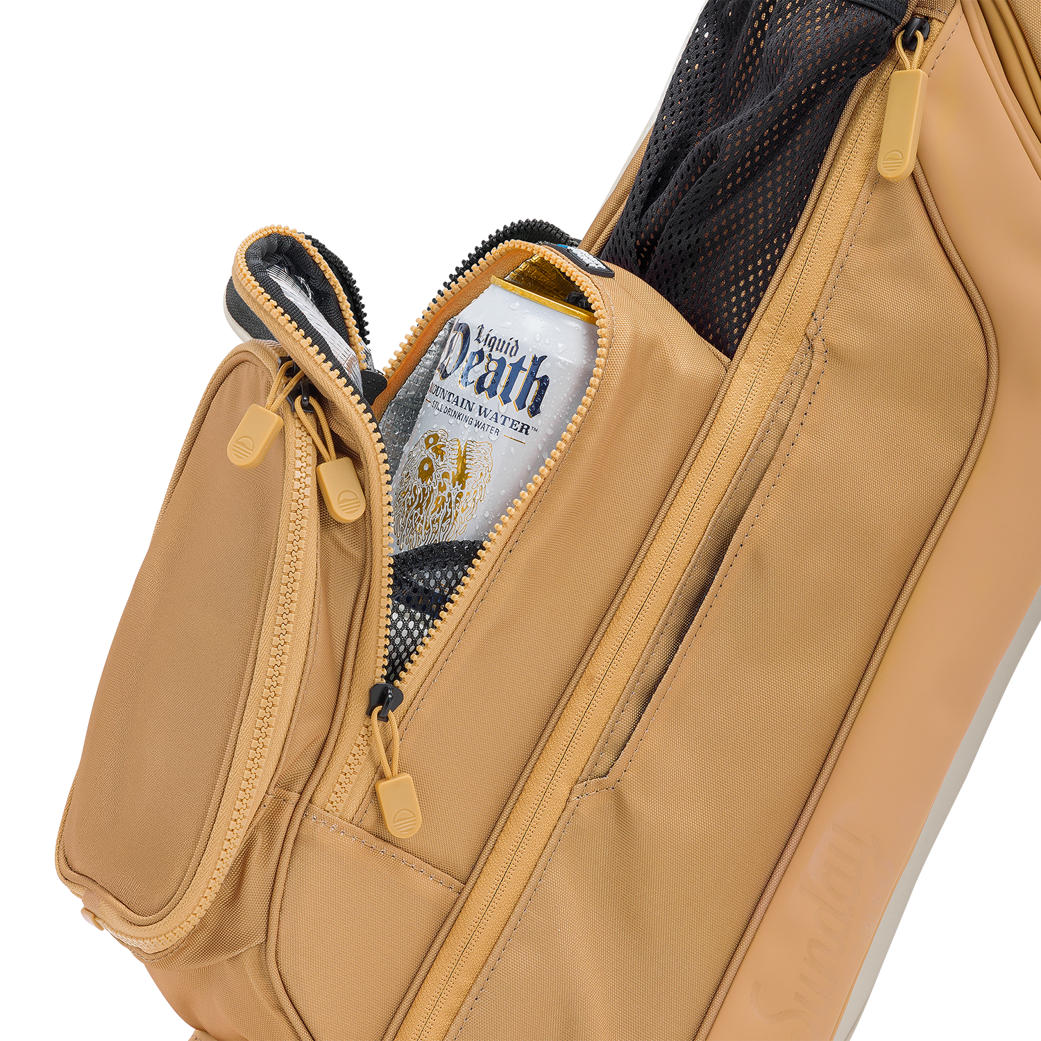 Tan leather bag with a close-up shot of the bag's pocket on a white background
