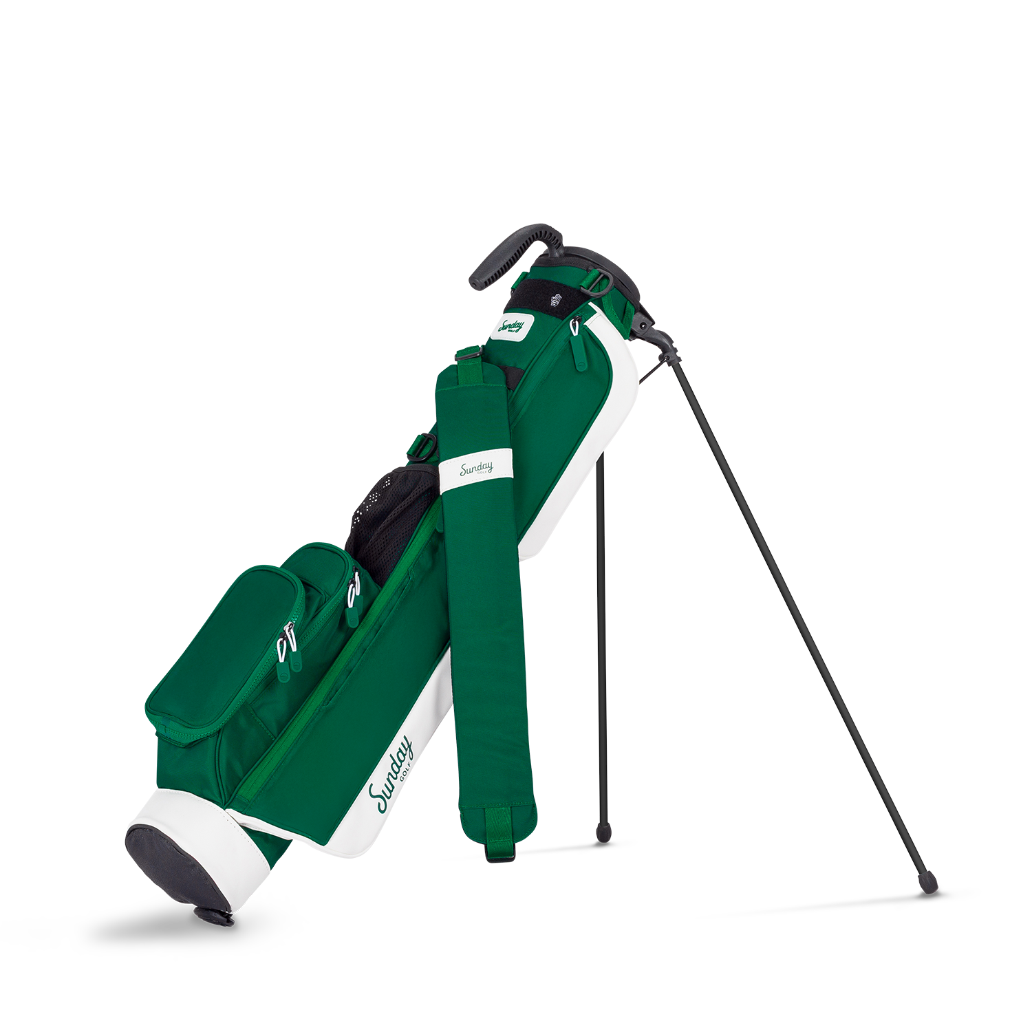 Green golf bag with a black and white club on a white background