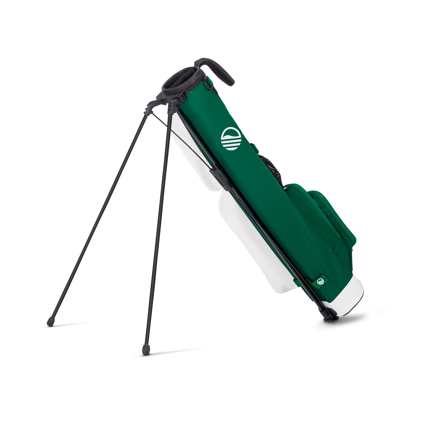 Green golf bag with stand on a white background