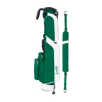 Green and white golf bag with strap on a white background