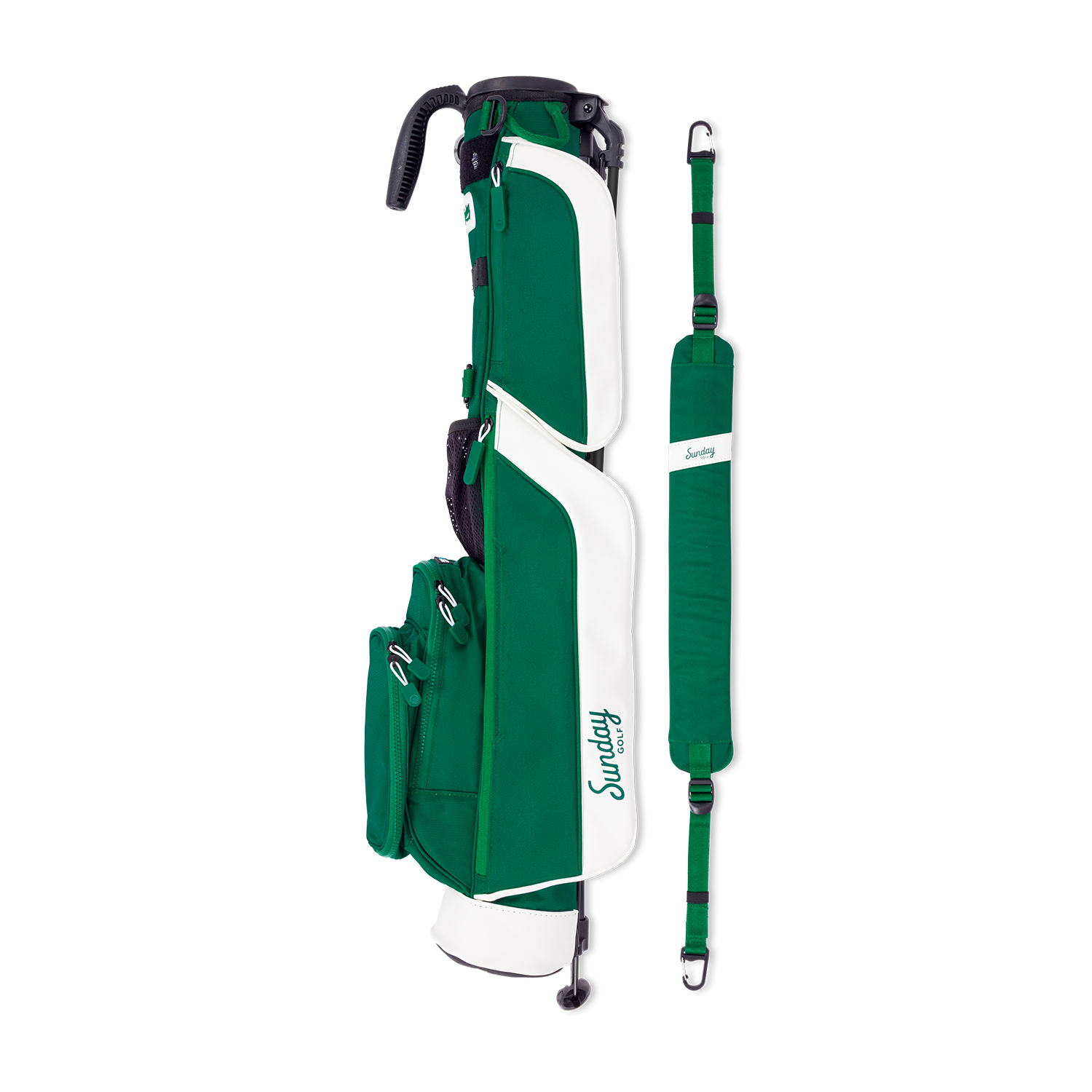 Green and white golf bag with strap on a white background