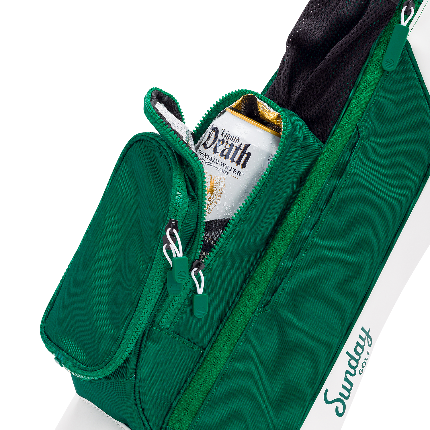 Green bag with a bottle of gin inside, on a white background