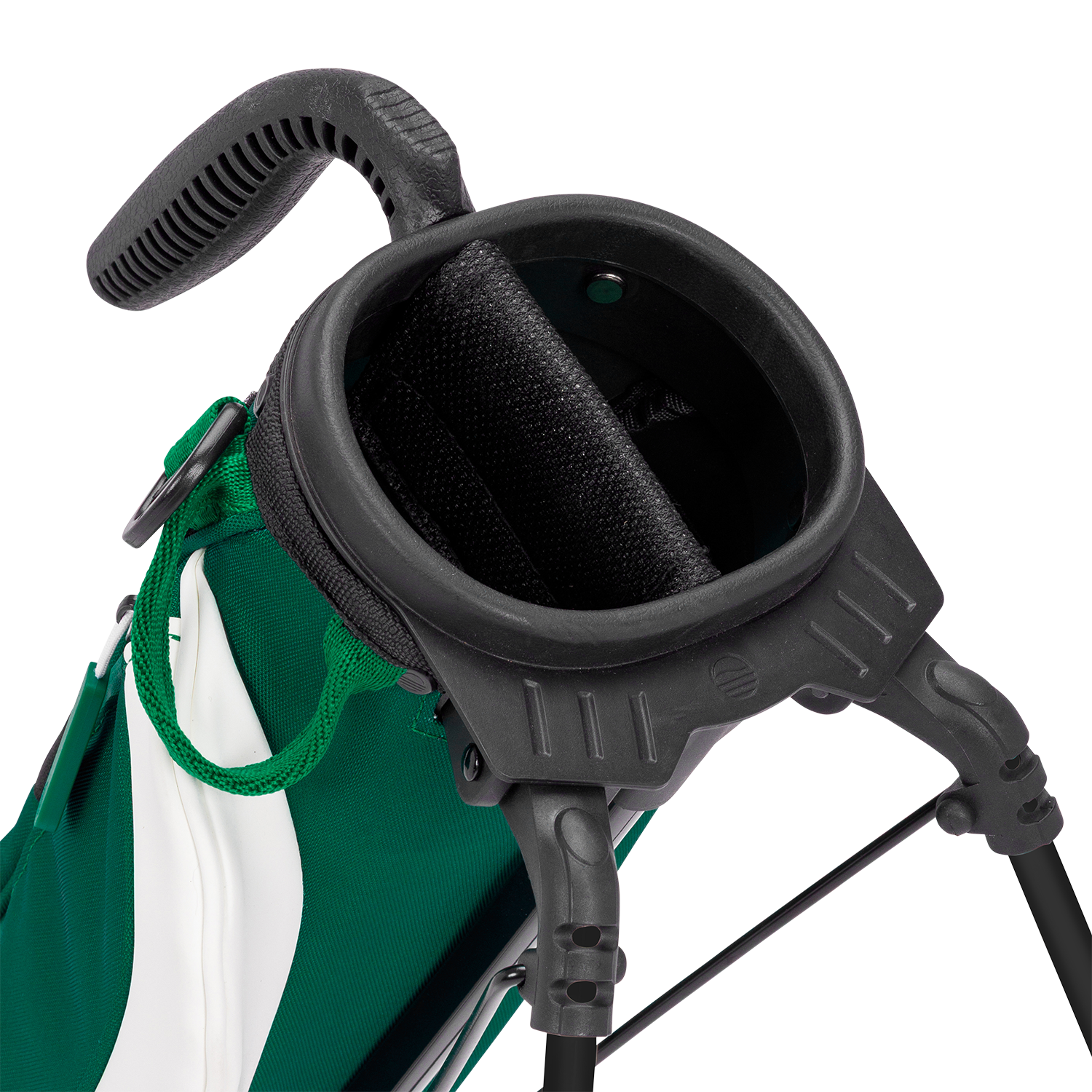 Close-up of a golf bag with a black club holder on a white background
