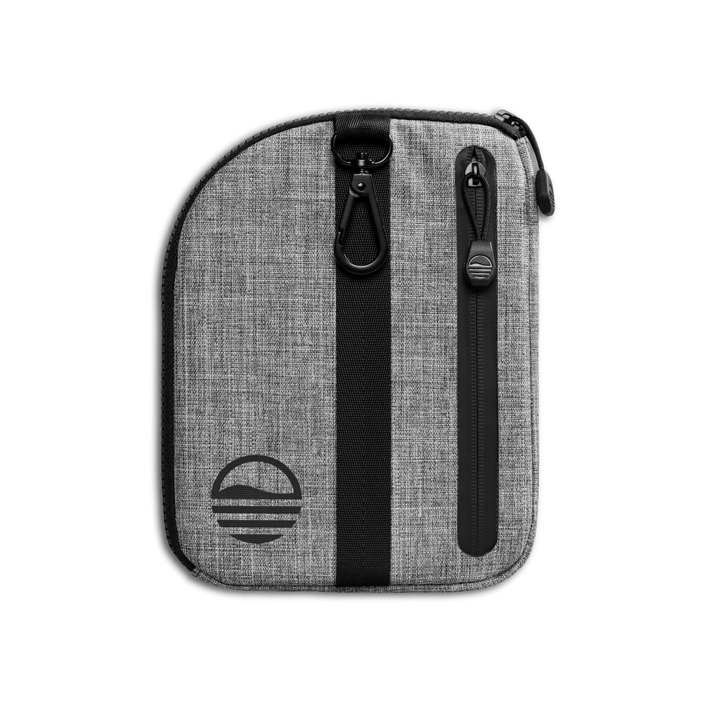 Rear view of heather gray nickel bag valuables pouch that can be paired with golf bag