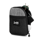 Heather gray nickel bag valuables pouch unzipped with items showing from inside
