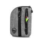 Rear view of heather gray nickel bag valuables pouch unzipped with a lighter showing from inside