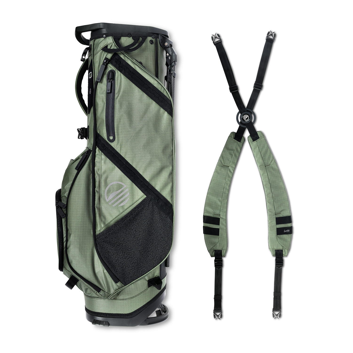 A full shot of Ranger golf bag in Sage laying flat sideways beside its double strap
