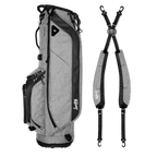 A full shot of Ryder golf bag in heather gray laying flat sideways beside its double strap