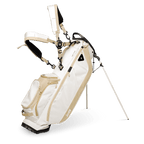 A full front shot of standing Ryder golf bag in toasted almond with double strap