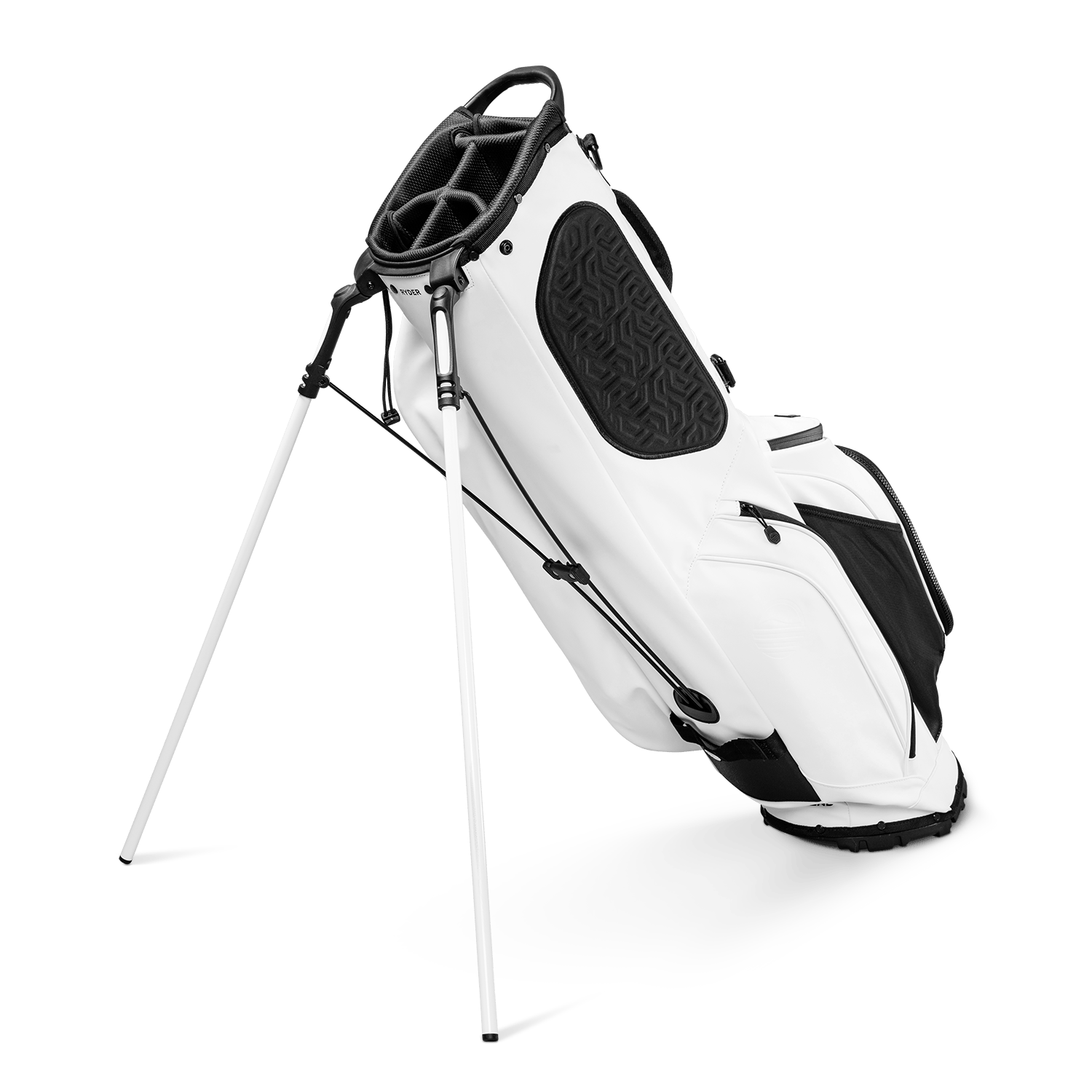 A full shot of standing Ryder S-Class golf bag in olive vegan leather facing backward