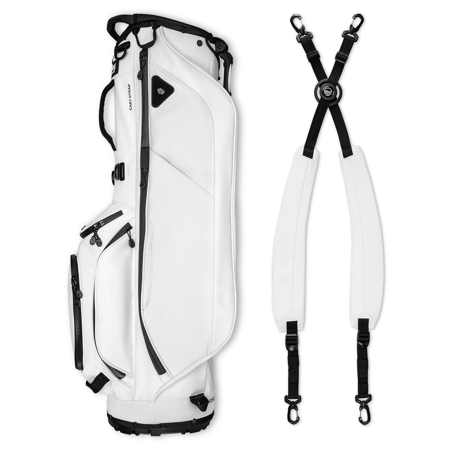 A full shot of Ryder S-Class golf bag in white vegan leather laying flat sideways beside its double strap