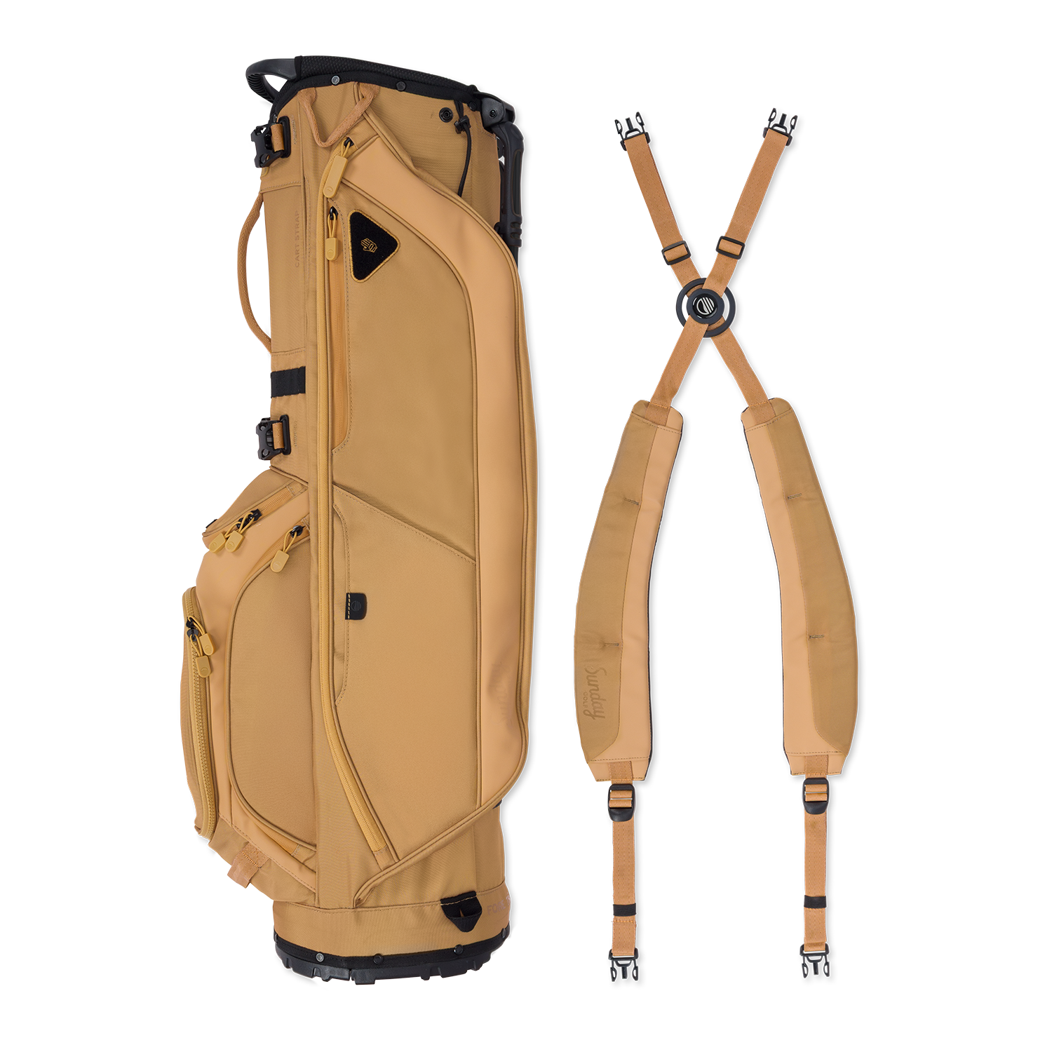 Clay golf bag with detachable shoulder strap on a white background