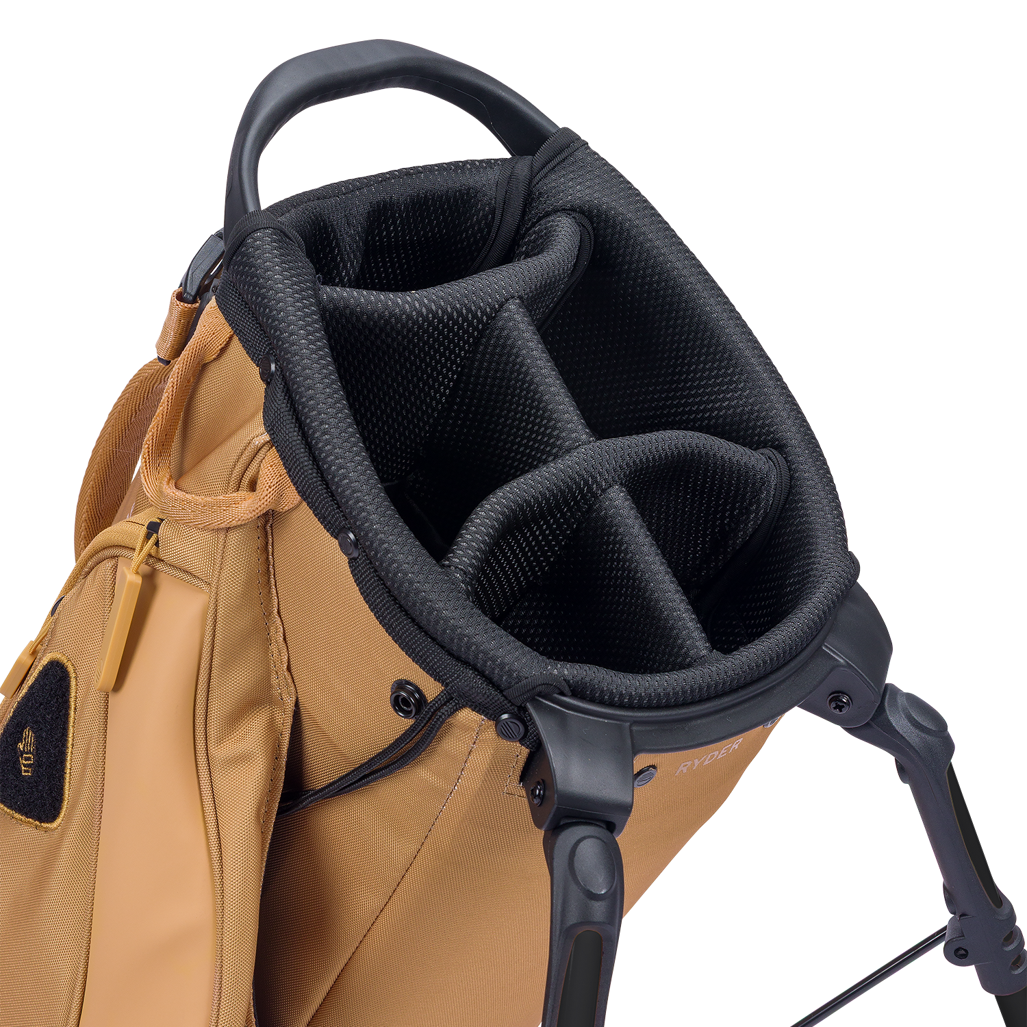 Close-up of a golf bag with a black stand and brown body on a white background