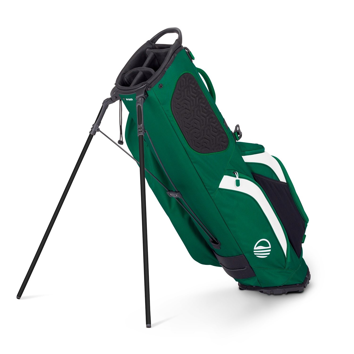 Green golf bag with a stand on a white background