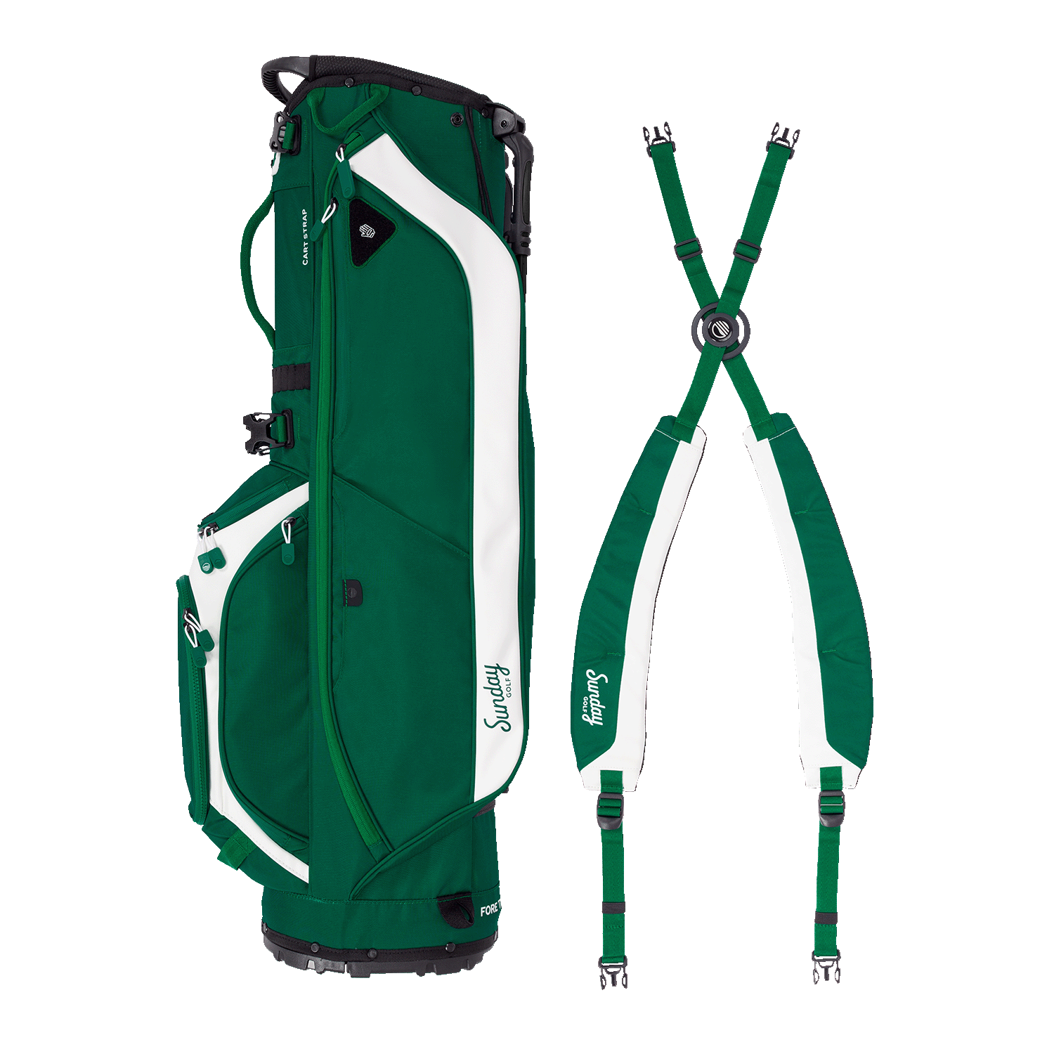 Green and white golf bag with strap on a white background