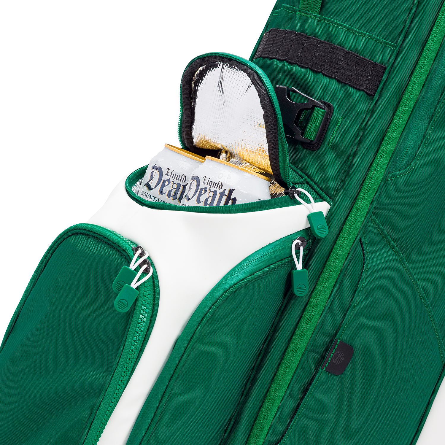 Green golf bag with a white accent and 'Liquid Death' cans peeking out, on a white background.
